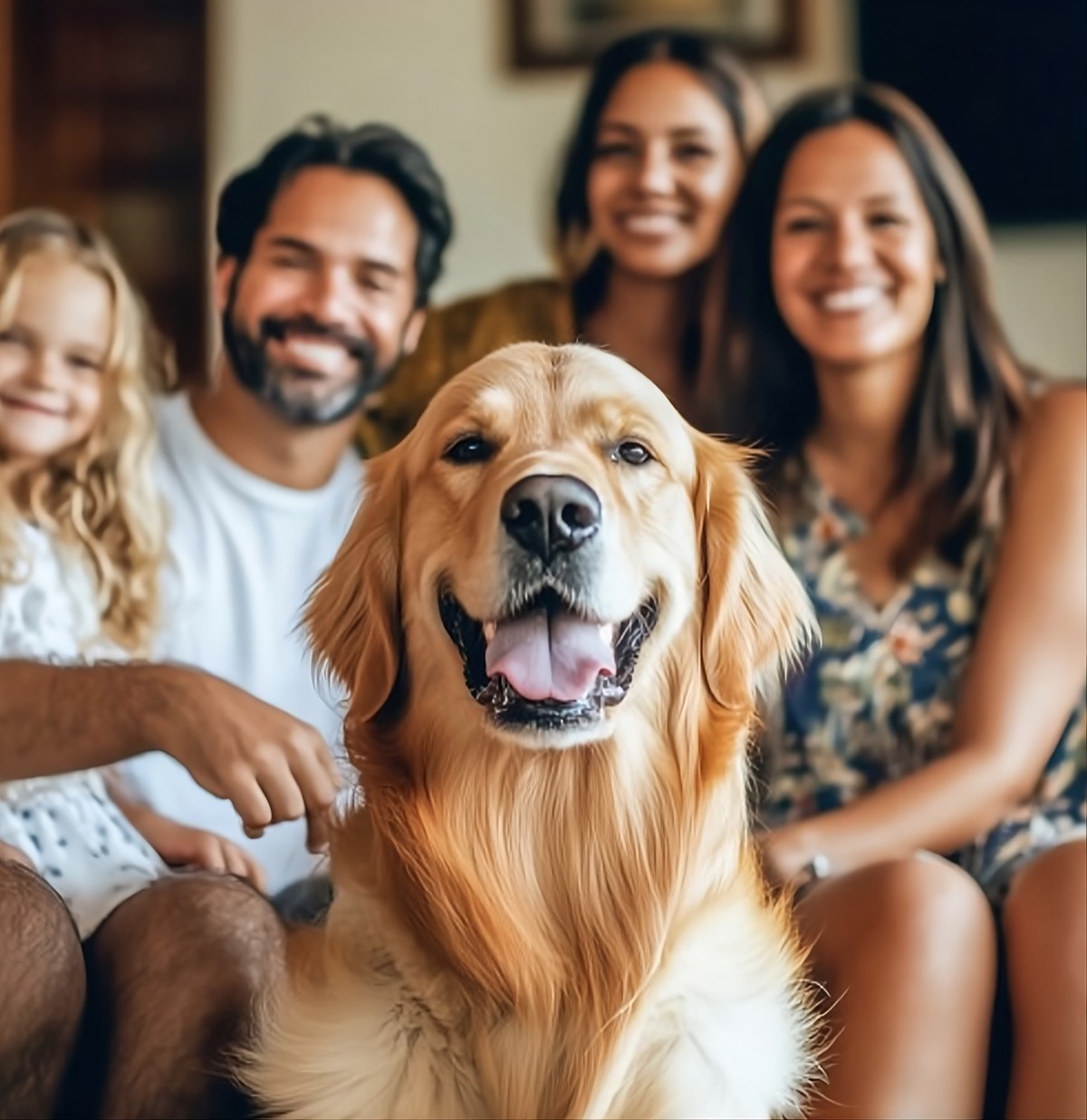 Família sorrindo ao lado do cão golden retriever